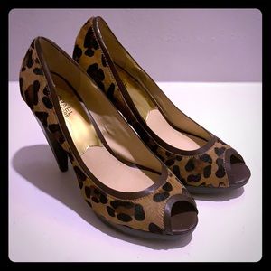 Calf hair leopard cone shaped stacked heels